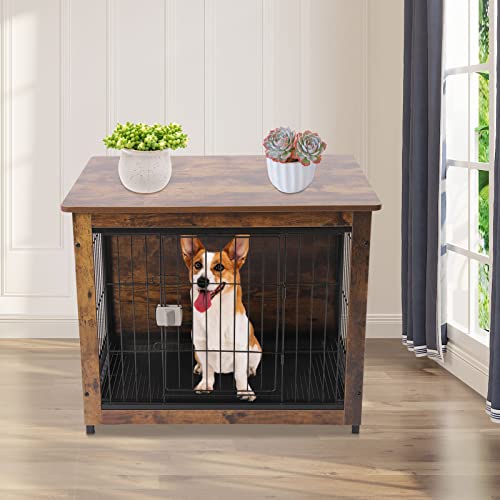 Mermajestic Hundekäfig Holz mit Tischoberfläche Hundebox für mittelgroße Hunde Hundehütte Indoor Vintage Hundehaus Tierkäfig, Stahldrahtgeflecht Haustierkäfig mit Anti-Rutsch-Matte, 80 x 55 x 64.5cm von Mermajestic