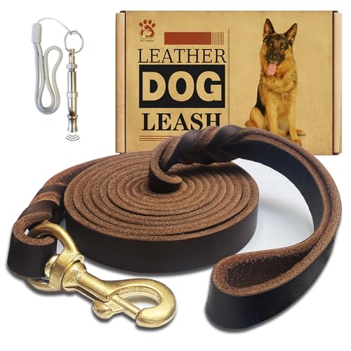 Leder-Hundeleine, 2,4 m x 1,9 cm, starkes, strapazierfähiges Echtleder, geflochtene Trainingsleine, weich und bequem, Lederleine für große Hunde, mittelgroße und kleine Hunde, Braun, 2,4 m x 1,9 cm von Meruogkar