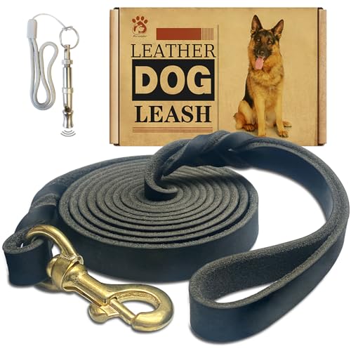 Leder-Hundeleine, 2,4 m x 1,9 cm, starkes, strapazierfähiges Echtleder, geflochtene Trainingsleine, weich und bequem, Lederleine für große Hunde, mittelgroße und kleine Hunde, Schwarz, 2,4 m x 1,9 cm von Meruogkar