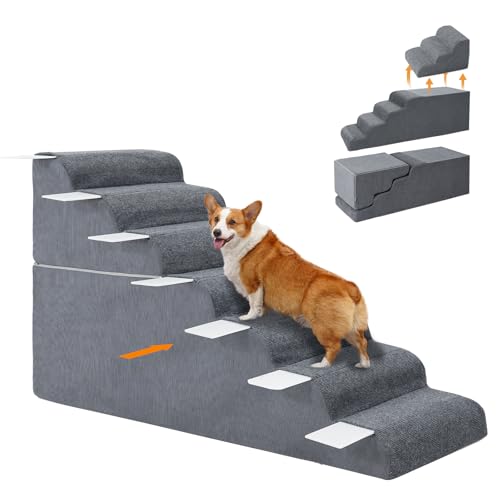 6-stufige Hundetreppe für Hochbett und Couch, 65 cm hoch für Hunde, breitere Haustiertreppe für kleine alte große Hunde Katzen, 30° stabile rutschfeste Hundetreppe, waschbare Hunderampe mit von Meulbaty