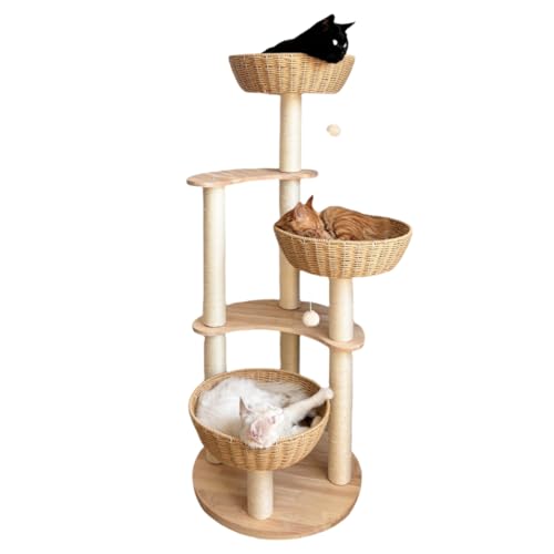 MewJoyee 137,2 cm großer, moderner Kratzbaum für Katzen, luxuriöses Rattan-Eichenholz, Massivholz, 3 gewebte Katzennester und waschbare Kühlkissen, Sisal-Kratzstämme, Holzwachs-Öl-Version von MewJoyee