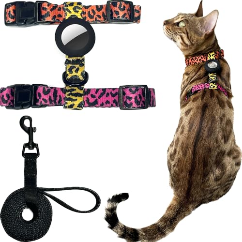 MeWO Katzengeschirr und Leine, Set mit AirTag-Halter, ausbruchsicher, verstellbar und bequem für einfache Kontrolle, Katzengeschirr und Leine, H-Gurt, Katzenleine und -geschirr, ausbruchsicheres von Mewo