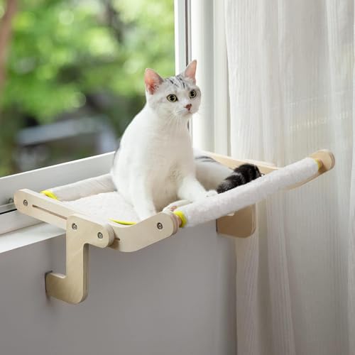 Katzen-Fensterstange für Indoor-Katzen, stabile Plüsch-Katzen-Hängematte, Fenstersitz, Bettregale, ohne Bohren, ohne Saugnapf, platzsparend, stabiles Katzenregal (Beige) von Mewoo