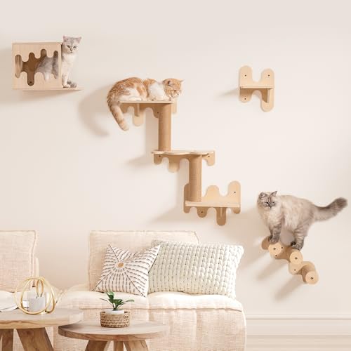 Mewoo Katzen-Wandregale, Holzwandmöbel, stabile Stufen, Haus und Sitzstange für Wandmontage, Katzenkletterregale Leiter für die meisten Kätzchen & ausgewachsene Katzen, 4 Stück, Beige von Mewoo