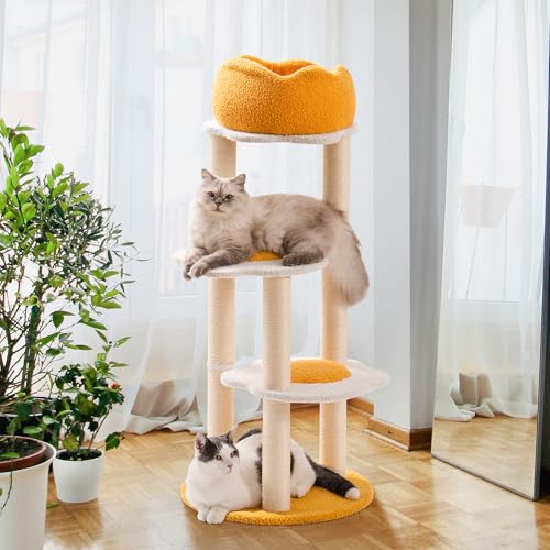 Mewoo Kratzbaum, Katzenkletterturm für Indoor-Katzen, 114 cm Katzenturm mit Kratzbaum, Katzenhaus mit abnehmbarem Oberbett und Plattform, mehrstöckiges Katzenhaus von Mewoo