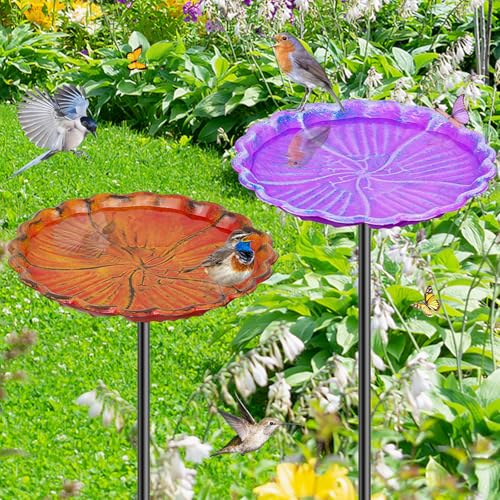 MeyRolizn Blumen-Vogeltränke für draußen, Metall Vogelfutterspender Wassertränke Für Vögel, Vintage Vogelbad Vogelbecken Stehend Winterfest für Garten Hof und Rasen Dekor (2PCS-Blumen-Lila-Oregenrot) von MeyRolizn