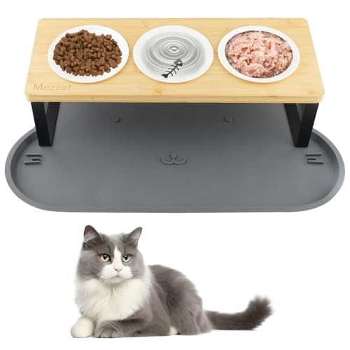 Katzennapf Erhöht, Mezzar 3er Set Futternäpfe Katze aus Keramik, 15° Gekippte Ergonomischer Futterstation Katzen mit Napfunterlage Silikon Fressnapf Katze Holz Keramik und Wassernapf für Katzen von IKIMI