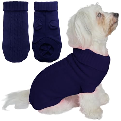 Mfiker Hundepullover für kleine Hunde, männlich, Mädchen, Herbst, Winter, kaltes Wetter, Strick-Rollkragenpullover, Kleidung mit Hinterbeinriemen für Welpen, kleine Hunde, Katzen (marineblau, Größe L) von Mfiker