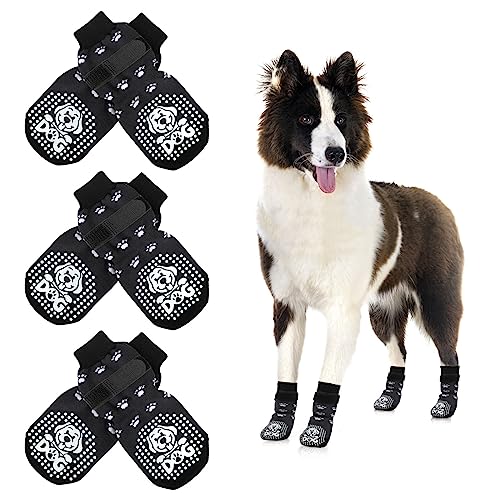 Mfsdai 3 Paar Anti Rutsch Socken für Hunde Hundesocken Schuhe Hund Outdoor mit Klettverschlus,Hundeschuhe Pfotenschutz für Hartholzböden für Kleine Mittlere und Große Hunde (L) von Mfsdai