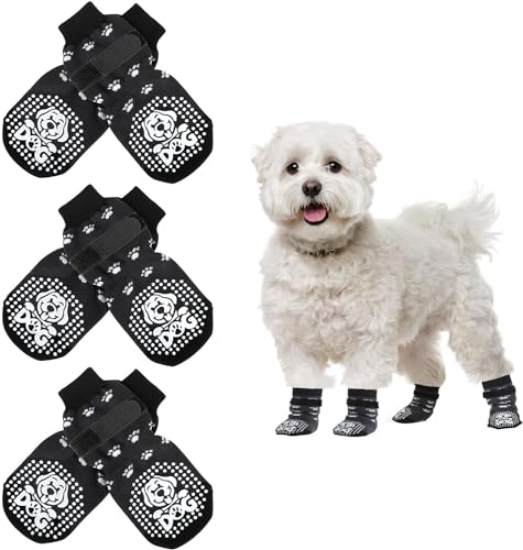 Mfsdai 3 Paar Anti Rutsch Socken für Hunde Hundesocken Schuhe Hund Outdoor mit Klettverschlus,Hundeschuhe Pfotenschutz für Hartholzböden für Kleine Mittlere und Große Hunde (S) von Mfsdai