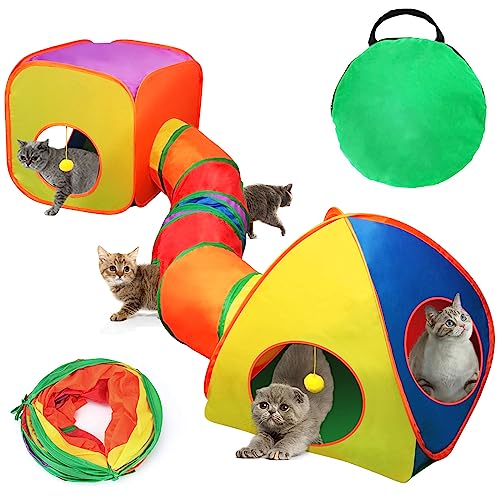 Mfsdai 3 in 1 Katzentunnel Outdoor,Interaktive Katze Spieltunnel katzenlaufrad Faltbare Pop Up Katzenspielzeug Katzenzelt Rascheltunnel für Innen Katze Kaninchen(Bunt) von Mfsdai