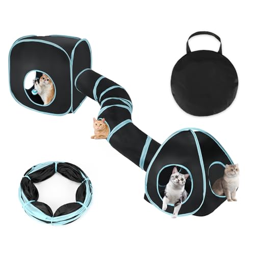 Mfsdai 3 in 1 Katzentunnel Outdoor,Interaktive Katze Spieltunnel katzenlaufrad Faltbare Pop Up Katzenspielzeug Katzenzelt Rascheltunnel für Innen Katze Kaninchen(Blau Schwarz) von Mfsdai