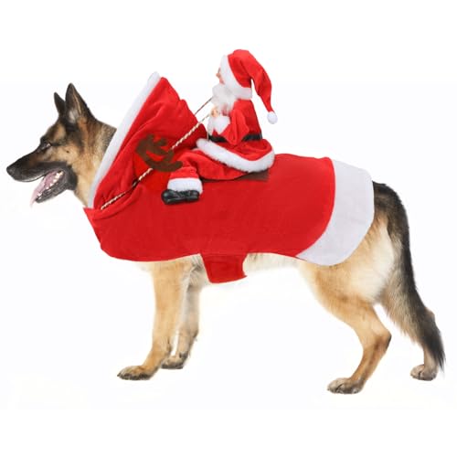 Mfsdai Hund Weihnachten Outfit, Hund Kostüm mit Santa Rides Haustiere Rentier, Hund Hoodie Chihuahua Kleidung Rot für Kleine Mittlere Große Hunde XXL von Mfsdai