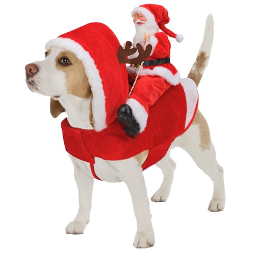 Mfsdai Hund Weihnachten Outfit, Hund Kostüm mit Santa Rides Pets Rentier, Hund Hoodie Chihuahua Kleidung Rot für Kleine Mittlere Große Hunde M von Mfsdai