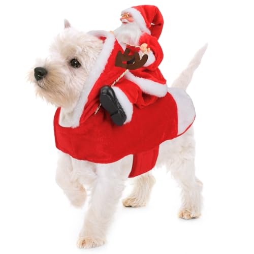 Mfsdai Hund Weihnachten Outfit, Hund Kostüm mit Santa Rides Pets Rentier, Hund Hoodie Chihuahua Kleidung Rot für Kleine Mittlere Große Hunde S von Mfsdai