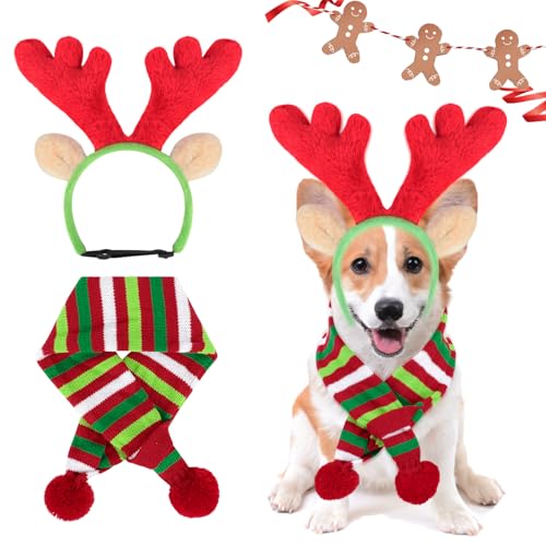 Mfsdai Hund Weihnachten Rentier Geweih Kopfschmuck Schal Set, Verstellbare Weihnachtshaarreif Hunde Weihnachtskostüm Zubehör für Kleine und Mittelgroße Hunde S von Mfsdai