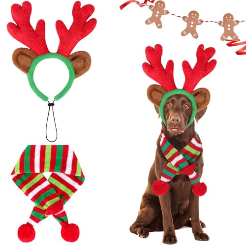 Mfsdai Hund Weihnachten Rentier Geweih Kopfschmuck Schal Set, Verstellbare Weihnachtshaarreif Hunde Weihnachtskostüm Zubehör für Mittlere und Große Hunde L von Mfsdai