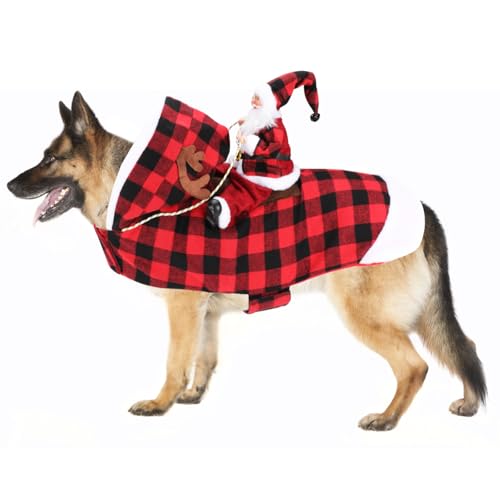 Mfsdai Hunde Weihnachten Outfit, Hundekostüm mit Weihnachtsmann reitet Haustiere Rentier, Hund Hoodie Chihuahua Kleidung Plaid für kleine, mittelgroße und große Hunde XXL von Mfsdai