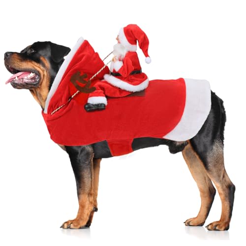 Mfsdai Hunde Weihnachten Outfit, Hundekostüm mit Weihnachtsmann reitet Haustiere Rentier, Hund Hoodie Chihuahua Kleidung Rot für kleine, mittelgroße und große Hunde 3XL von Mfsdai