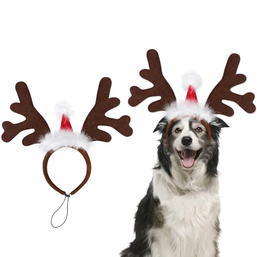 Mfsdai Hundegeweih Stirnband Kostüm mit Weihnachtsmannmütze, Hund Weihnachten Outfit Kopfbedeckung Zubehör für mittelgroße und große Hunde von Mfsdai