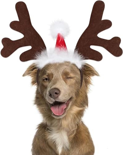 Mfsdai Hund Weihnachten Rentier Geweih Hundemütze Kopfschmuck, Verstellbare Weihnachtshaarreif Hunde Weihnachtskostüm Zubehör für Mittlere und Große Hunde von Mfsdai