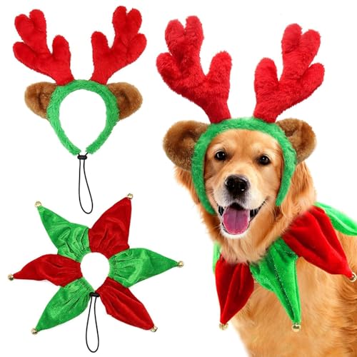 Mfsdai Weihnachten Rentier Haarreif Geweihe Elch Kopfschmuck und Hundehalsband mit Glocken,Verstellbare Weihnachtskopfbedeckung Verkleidungen & Kostüm Geschenk Zubehör für Mittlere und Große Hunde von Mfsdai