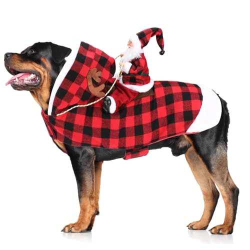 Mfsdai Weihnachts-Outfit für Hunde, mit Weihnachtsmann reitet, Rentier, Hunde-Kapuzenpullover, Chihuahua-Kleidung, kariert, für kleine, mittelgroße und große Hunde, Größe 3XL von Mfsdai