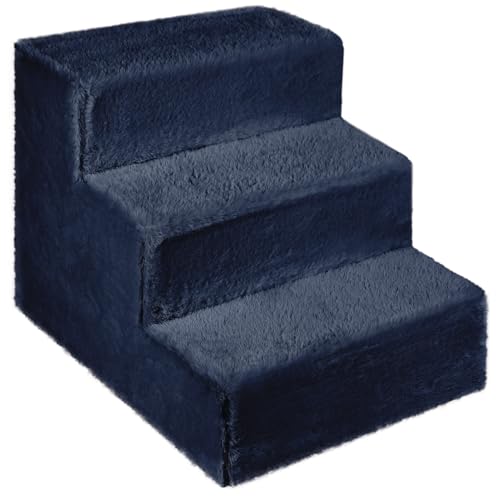 Hundetreppe für kleine Hunde 30 cm hoch Marineblau - Leiter 3 Stufen, gepolstert mit flauschigem Stoff, der Fell imitiert, tragbar - Plattform für Sofa, Bett für Hund, Katze, kleine, ältere Tiere von Mg Design