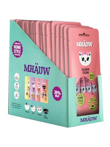 Mhauw Natural Salmon Cream Cat Food 80 Pz (15 Gr. Cad - 20 Pz x 4 Box) - Ohne künstliche Farb- oder Aromastoffe und Konservierungsmittel von Mhauw