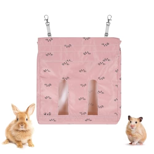 Kaninchen Heutasche, Kaninchen Hängefuttersack mit 2 Metallhaken Kleintier Heu Futterspender für Kaninchen Meerschweinchen Hamster Chinchillas Igel (2 Fenster) von MiOYOOW