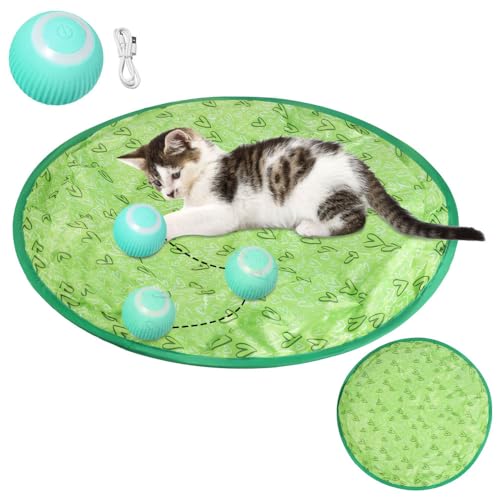 MiOYOOW 2-in-1 Interaktives Katzenspielzeug Bälle, USB Interaktives Katzenball Jagd Katze Matte Spielzeug Katzenspielzeug für Flache Oberflächen (Nicht für Teppich Geeignet) von MiOYOOW