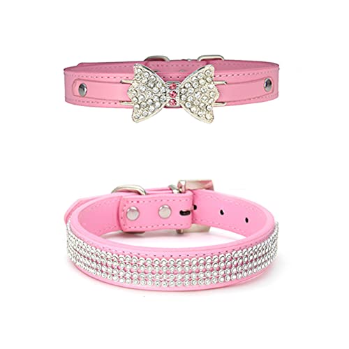 MiaLover 2 Stücke Strass Verstellbarer Hundehalsbänder Leder Glitzernd Hunde Halsbänder Bling Katzenhalsband Bogen Strasssteine für Kleine Hunde und Katzen Hundedekor Geschenk, zwei Stile(Pink) von MiaLover