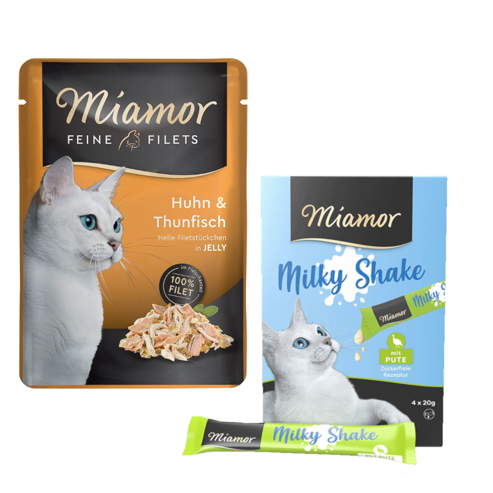 24 x 100 g Miamor Feine Filets + 4 x 20 g Milky Shake mit Pute gratis! - Huhn & Thunfisch von Miamor