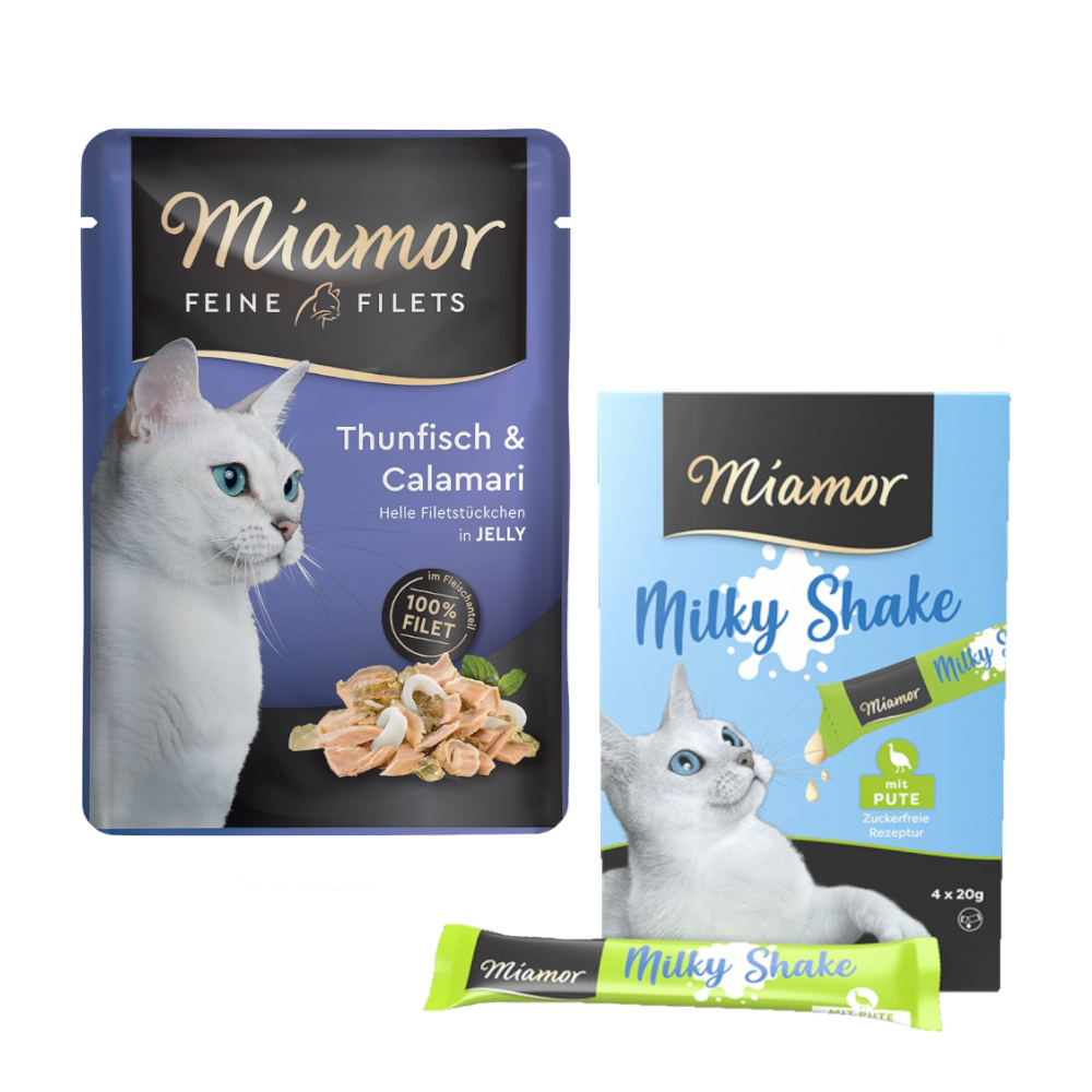 24 x 100 g Miamor Feine Filets + 4 x 20 g Milky Shake mit Pute gratis! - Thunfisch & Calamari von Miamor