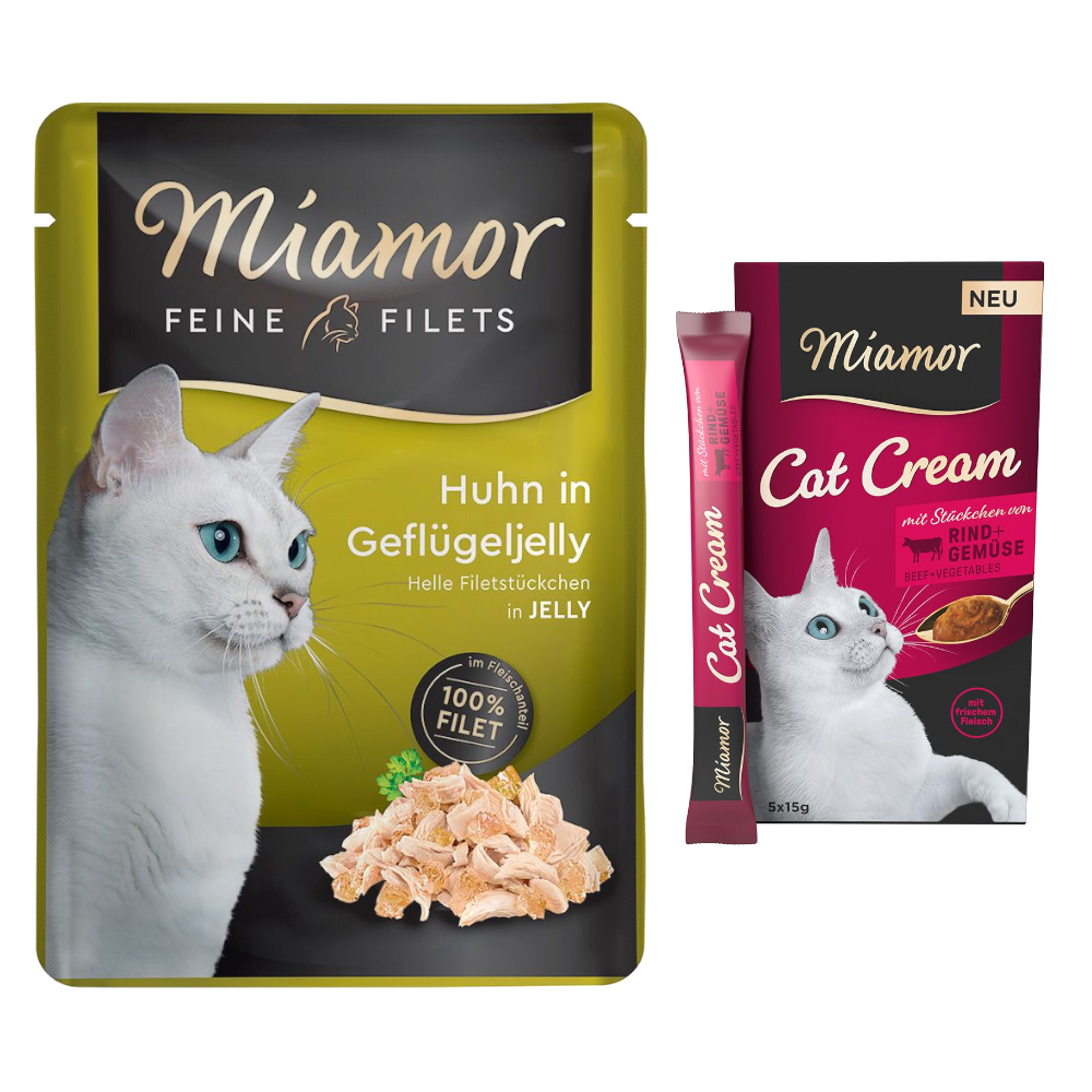 6 x 100 g Miamor Feine Filets + 5 x 15 g Snack-Cream Rind mit Gemüse gratis! - Huhn in Geflügeljelly von Miamor