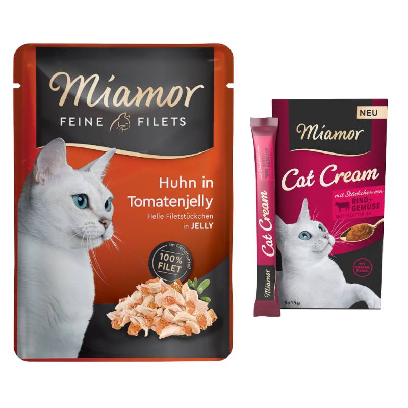 6 x 100 g Miamor Feine Filets + 5 x 15 g Snack-Cream Rind mit Gemüse gratis! - Huhn in Tomatenjelly von Miamor