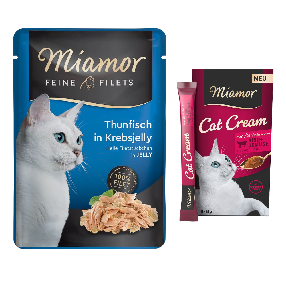 6 x 100 g Miamor Feine Filets + 5 x 15 g Snack-Cream Rind mit Gemüse gratis! - Thunfisch in Krebsjelly von Miamor