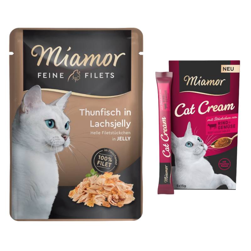 6 x 100 g Miamor Feine Filets + 5 x 15 g Snack-Cream Rind mit Gemüse gratis! - Thunfisch in Lachsjelly von Miamor