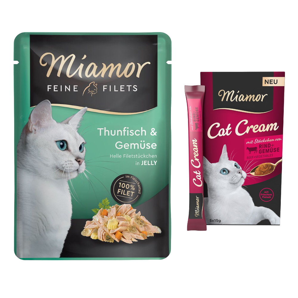 6 x 100 g Miamor Feine Filets + 5 x 15 g Snack-Cream Rind mit Gemüse gratis! - Thunfisch & Gemüse von Miamor