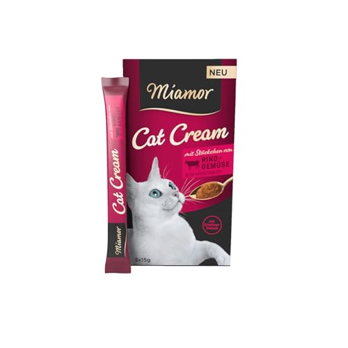 MIAMOR - Cat Snack (Cream) | Schmackhafter Snack zum Verwöhnen ausgewachsener Katzen. Ergänzungsfutter im Portionsbeutel ohne Zucker und künstliche Zusätze | Inhalt: 11x5x15g Rind + Gemüse-Cream von Miamor