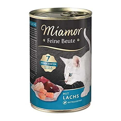 MIAMOR - Feine Beute | Nassfutter für ausgewachsene Katzen mit 7 Sorten Fleisch und Innereien. Getreidefreies Alleinfutter mit Taurin in der Dose ohne künstliche Zusätze | 12x400g Lachs von Miamor