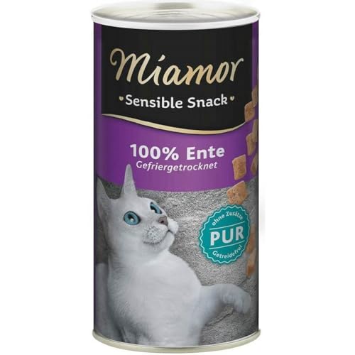 MIAMOR - Sensible Snack | Snack aus 100% Hühnerbrustfilet zum Verwöhnen ernährungssensibler Katzen. Ergänzungsfutter im in praktischer Dose ohne jegliche Zusätze | 12x30g Ente von Miamor