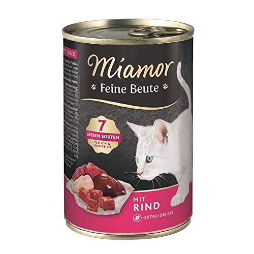 MIAMOR - Feine Beute | Nassfutter für ausgewachsene Katzen mit 7 Sorten Fleisch und Innereien. Getreidefreies Alleinfutter mit Taurin in der Dose ohne künstliche Zusätze | 12x400g Rind von Miamor