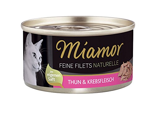 MIAMOR - Feine Filets Naturelle | Nassfutter für ausgewachsene Katzen mit Filetstückchen im eigenen Saft. Fettarmes Ergänzungsfutter in der Dose ohne künstliche Zusätze | 24x80g Thunfisch & Krebs von Miamor