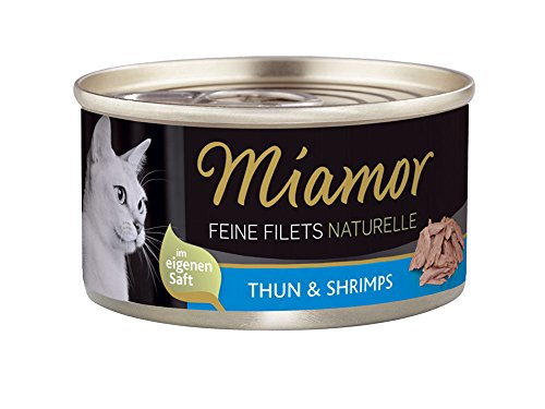 MIAMOR - Feine Filets Naturelle | Nassfutter für ausgewachsene Katzen mit Filetstückchen im eigenen Saft. Fettarmes Ergänzungsfutter in der Dose ohne künstliche Zusätze | 24x80g Huhn & Shrimps von Miamor