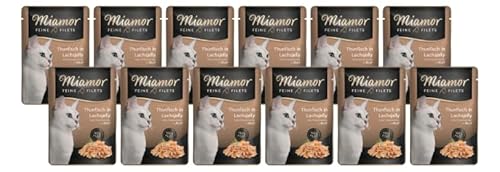 Miamor Feine Filets in Jelly 12 x 100g Thunfisch in Lachsjelly | Getreidefrei, Fettarm, Ohne Zucker & Nebenerzeugnisse, Hochwertige Filetstückchen | im Frischebeutel | Nassfutter für Katzen von Miamor