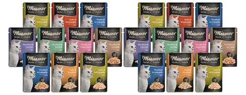 Miamor Feine Filets in Jelly 20 x 100g | Getreidefrei, Fettarm, Ohne Zucker & Nebenerzeugnisse, Hochwertige Filetstückchen | im Frischebeutel | Nassfutter für Katzen | Garantierter 5-Sorten-Mix von Miamor