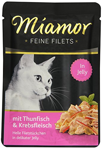 MIAMOR - Feine Filets in Jelly | Nassfutter für ausgewachsene Katzen mit Filetstückchen in Jelly. Fettarmes Ergänzungsfutter im Frischebeutel ohne Zusatzstoffe | 24x100g Thunfisch & Krebsfleisch von Miamor