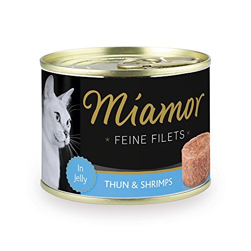 MIAMOR - Feine Filets in Jelly | Nassfutter für ausgewachsene Katzen mit Filetstückchen in Jelly. Fettarmes Ergänzungsfutter in der Dose ohne Zusatzstoffe | 12x185g Thunfisch & Shrimps von Miamor