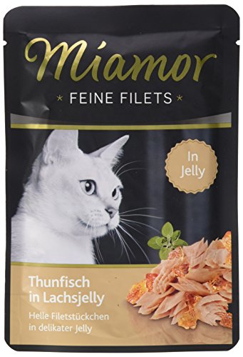 MIAMOR - Feine Filets in Jelly | Nassfutter für ausgewachsene Katzen mit Filetstückchen in Jelly. Fettarmes Ergänzungsfutter im Frischebeutel ohne Zusatzstoffe | 24x100g Thunfisch in Lachsjelly von Miamor